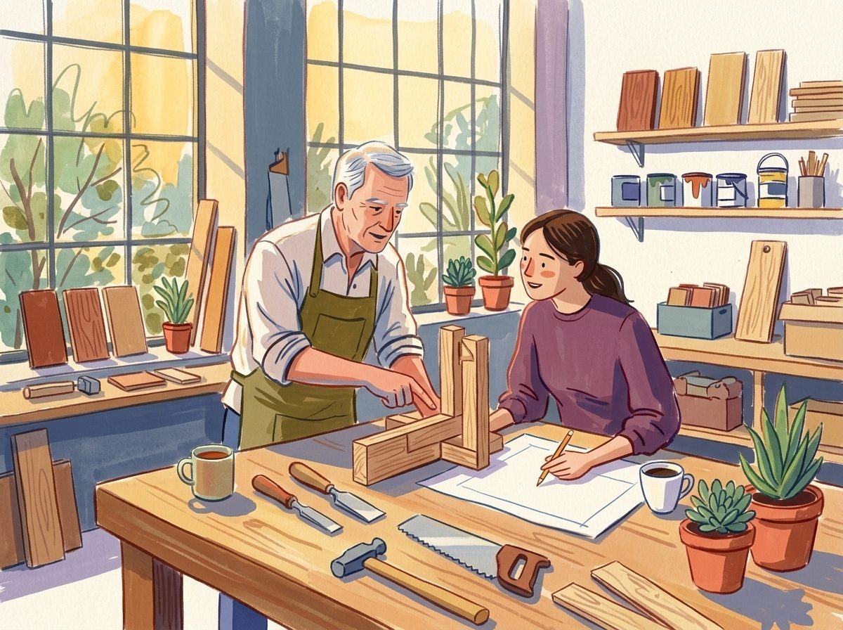 Illustration: Ein erfahrener Handwerker und eine junge Kollegin arbeiten konzentriert in der sonnigen Werkstatt.