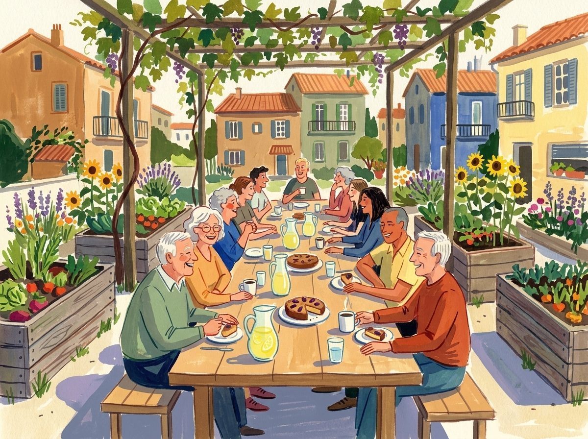Illustration: Nachbarn und Freunde teilen Kaffee und Kuchen an einer langen Tafel im Gemeinschaftsgarten.