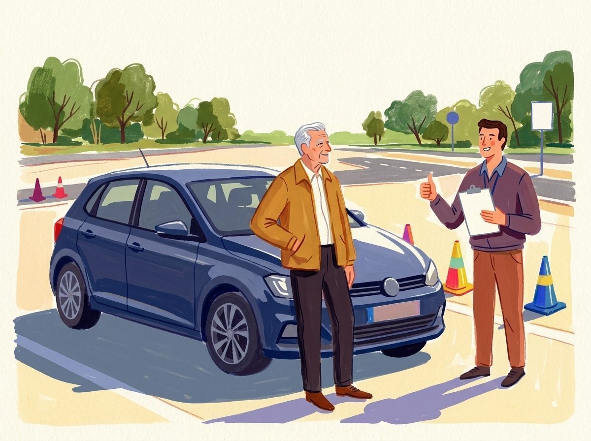 Illustration: Ein Autofahrer absolviert gut gelaunt ein freiwilliges Fahrsicherheitstraining.