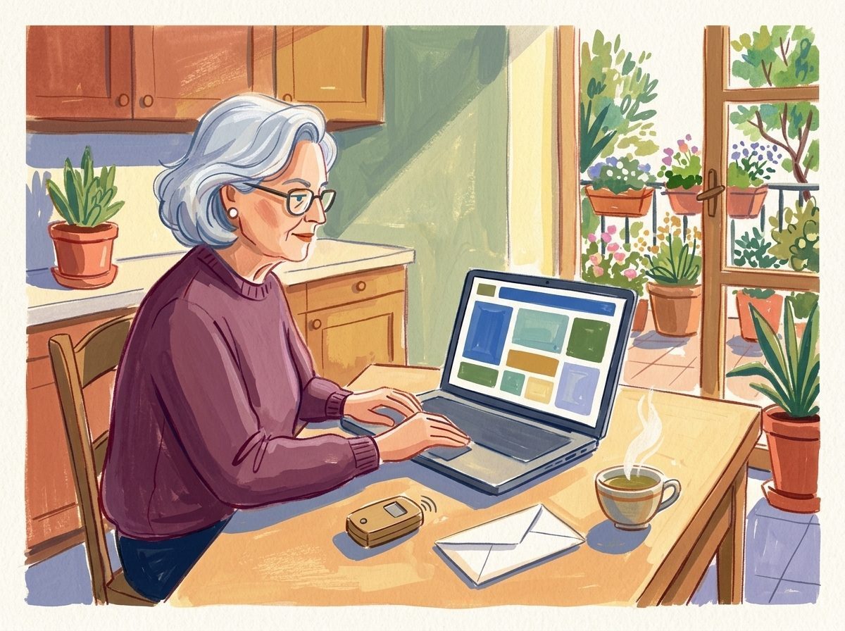 Illustration: Eine ältere Frau nutzt sicher und entspannt Online-Dienste am Küchentisch.