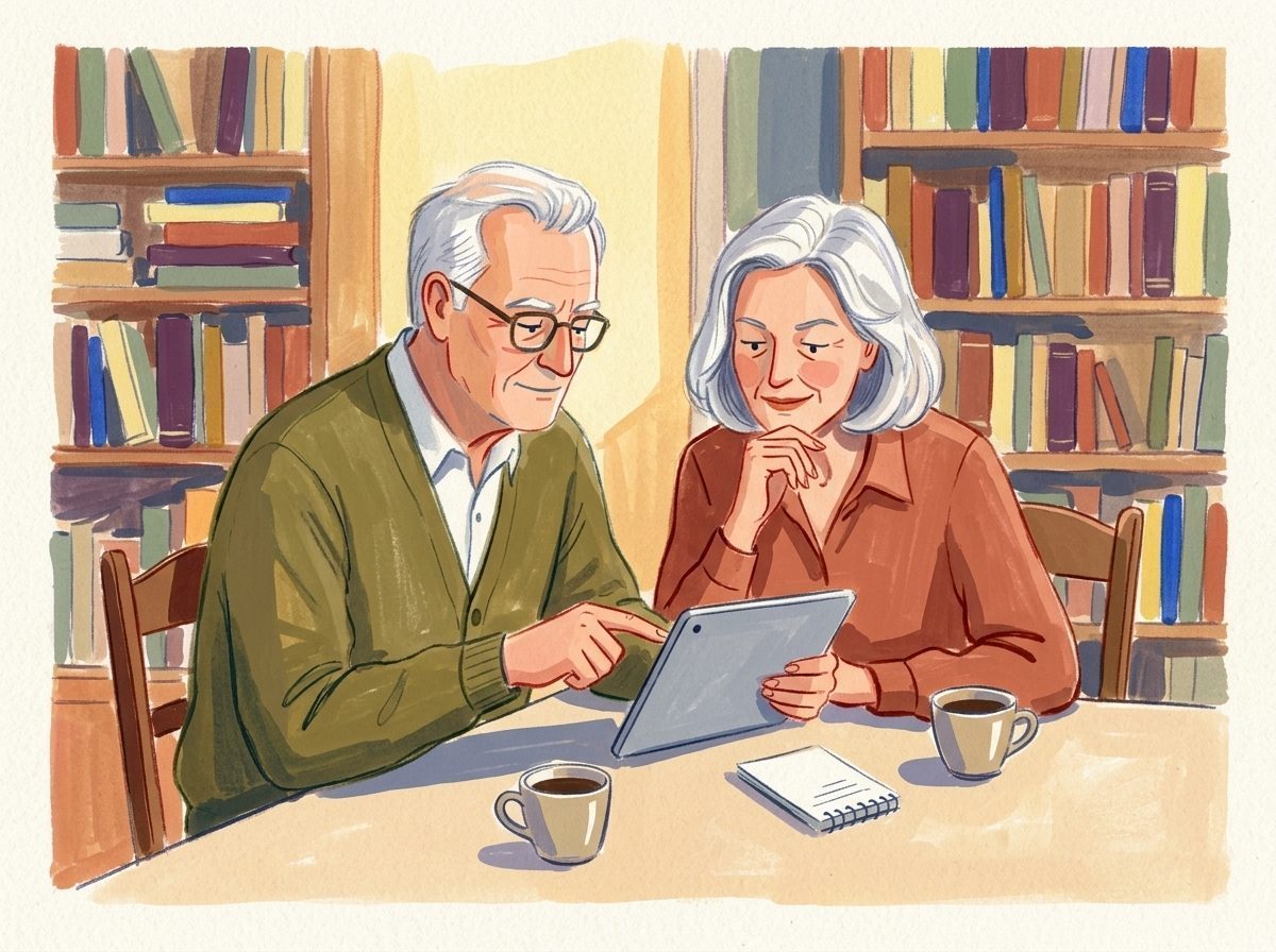 Illustration: Ein Paar prüft aufmerksam und souverän digitale Nachrichten auf dem Tablet.
