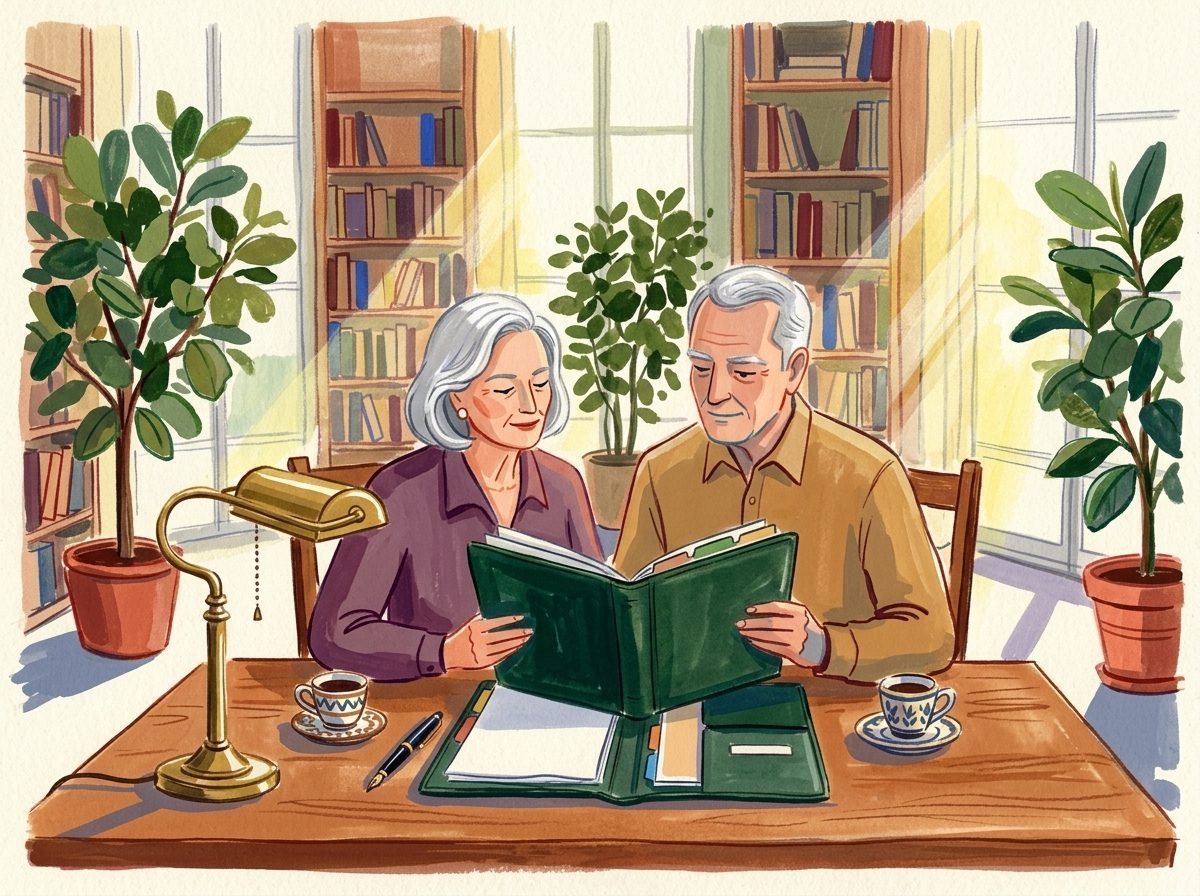 Illustration: Ein Paar ordnet gemeinsam einen Notfallordner mit Register im sonnigen Lesezimmer.