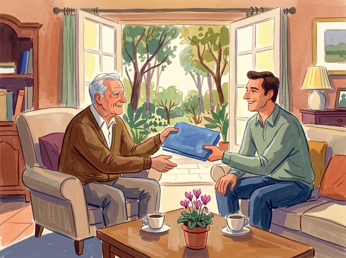Illustration: Ein Vater übergibt seinem Sohn vertrauensvoll Vollmachten im behaglichen Wohnzimmer.