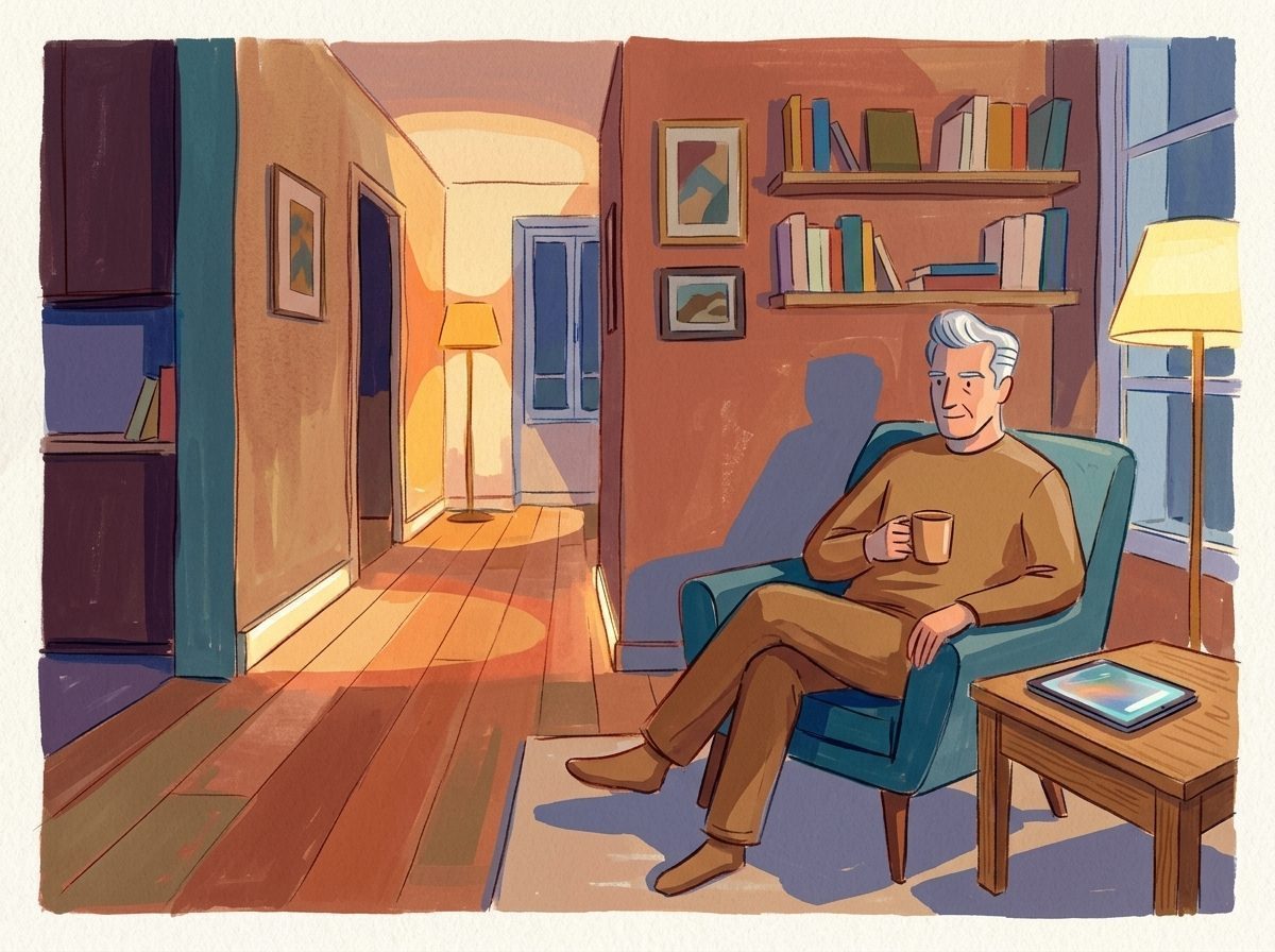 Illustration: Ein älterer Mann entspannt im Sessel bei sanfter smarter Flurbeleuchtung und Tee.